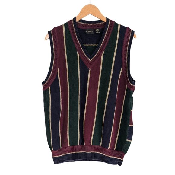 Structure Sweater Vest Mens L Blue Green Maroon 90s Vintage Stripe V-Neck Prep - Picture 4 of 9